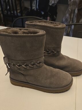 UGG Taupe Suede Mid-Calf Braided-Trim Winter Boots